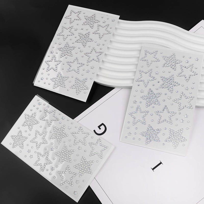 Jacnkb 3 Sheets Star Gem Stickers Self Adhesive Rhinestone Stickers Glitter Silver Star Sticker Acrylic Face Jewel Sticker Bling Hair Diamond Decals Sparkly Crystal Pearls for Body Nails Crafts Decoration - Image 3